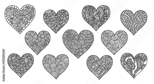 Collection of Hand Drawn Hearts with Various Patterns and Designs.