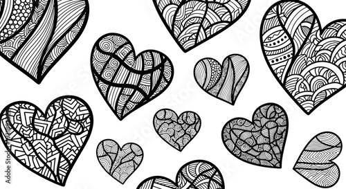 Collection of Hand Drawn Hearts with Various Patterns and Designs.