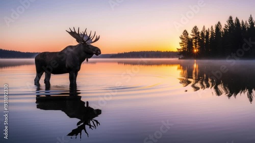 Moose Standing in Lake at Sunset.