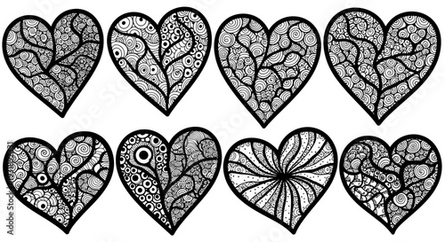 Collection of Hand Drawn Heart Shapes with Various Ornate Designs.