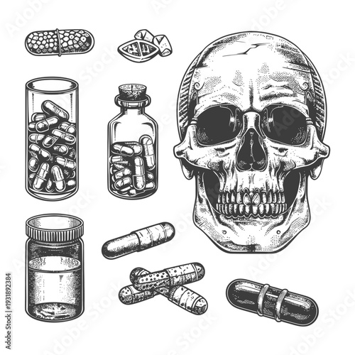 Hand-Drawn Illustration of Pills and a Skull