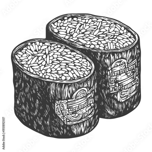 Hand-Drawn Illustration of Two Sushi Rolls Filled with Rice