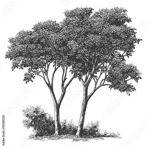 Hand-Drawn Illustration of Two Trees with Lush Foliage