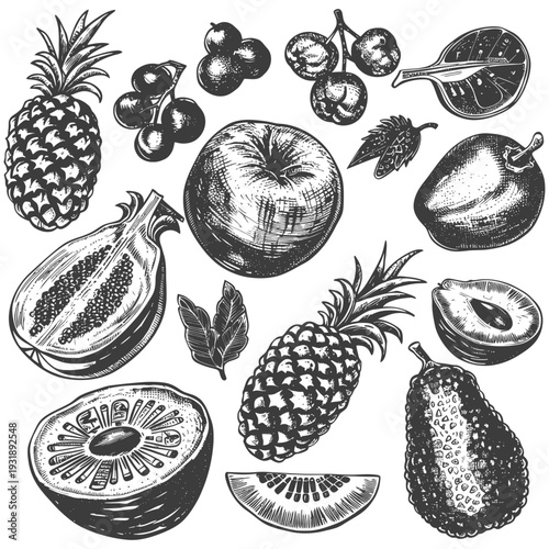 Hand-drawn Illustration of Various Fruits and Berries