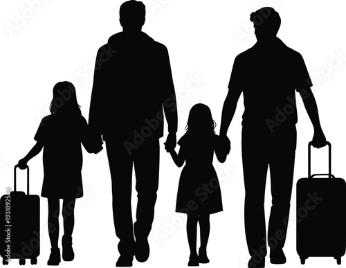 Traveling family silhouette rear view, parents and daughters with luggage, airport departure concept, happy vacation trip, black vector illustration