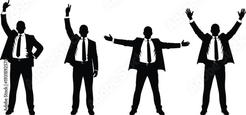 Four silhouettes of businessmen in various poses suits ties gestures