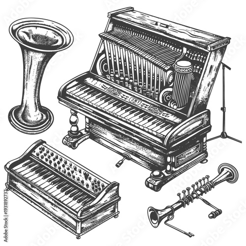 Hand-drawn Illustration of Vintage Musical Instruments