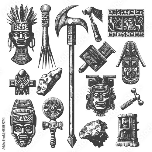 Hand-Drawn Illustrations of Ancient Mayan Artifacts and Symbols