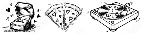 Romantic Icon Trio Engagement Ring Heart Pizza and Vinyl Turntable Black-and-White Sketch Illustration