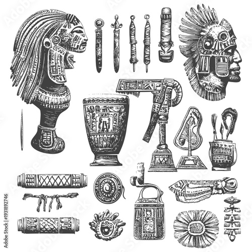 Hand-Drawn Illustrations of Ancient Mayan Artifacts