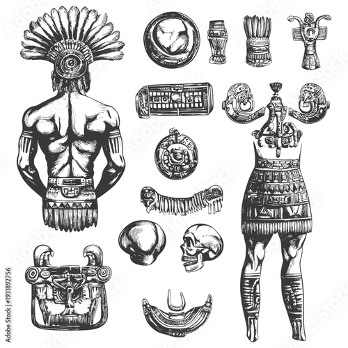 Hand-Drawn Illustrations of Ancient Mayan Culture, Including a Figure in Traditional Clothing and Accessories