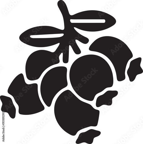 Black silhouette of two cherries, one halved, with a leaf