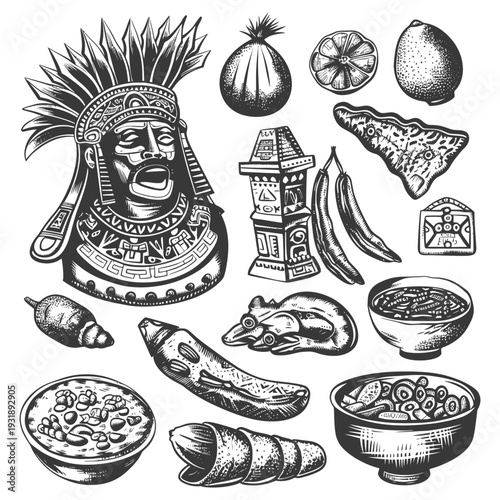 Hand-Drawn Illustrations of Mayan Culture and Cuisine