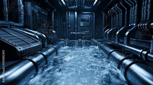 Water rushing into the AI engine cooling chamber, light fog and light reflection effects, detailed metal textures, cinematic sci-fi environment