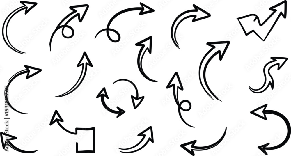 Obraz premium Hand drawn doodle arrow collection featuring various curved, swirling, and sketchy pointing arrows for creative design projects isolated.