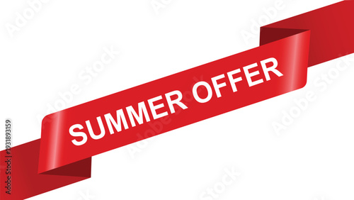 Red ribbon with white summer offer text on white background