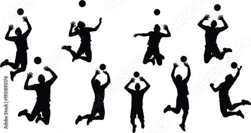 Collection Of Active Volleyball Player Silhouettes Jumping And Hitting In Various Dynamic Poses For Sports And Fitness Graphic Design.