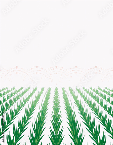 Vibrant Field: An illustrative view of meticulously aligned lines of young, verdant crops extends towards the horizon, symbolizing growth, order, and agricultural diligence.
