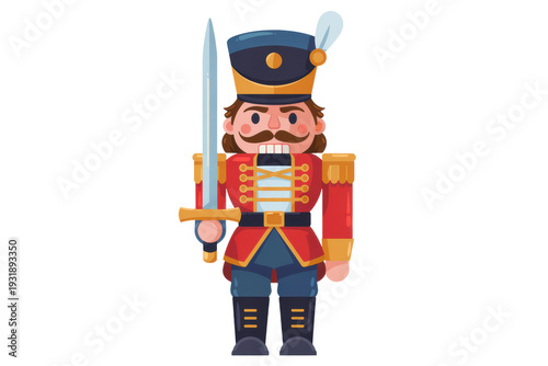 Vibrant cartoon nutcracker soldier standing proudly with sword