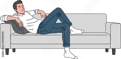 Man reclining on gray couch with white shirt and blue jeans sofa relaxed