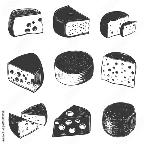 Hand Drawn Sketches of Various Cheese Types