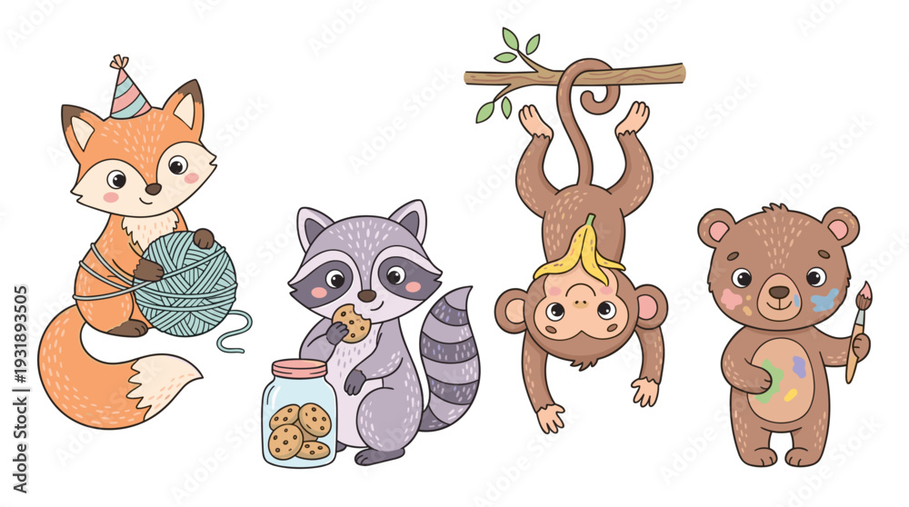 Fototapeta premium cute animal, cute animals, animal clipart, kawaii animal, cartoon animal, adorable, sweet, cute character, funny animal, baby animal, chibi animal, animal illustration, animal set, nursery art, kids d