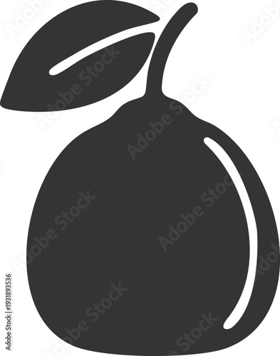 Black and white simple icon of a plump apple with stem and leaf on white background