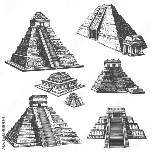 Hand-Drawn Sketches of Ancient Mayan Pyramids