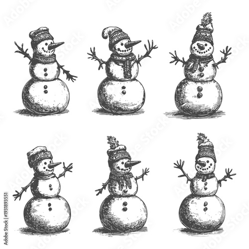 Hand-Drawn Sketches of Six Cheerful Snowmen in Winter Hats and Scarves