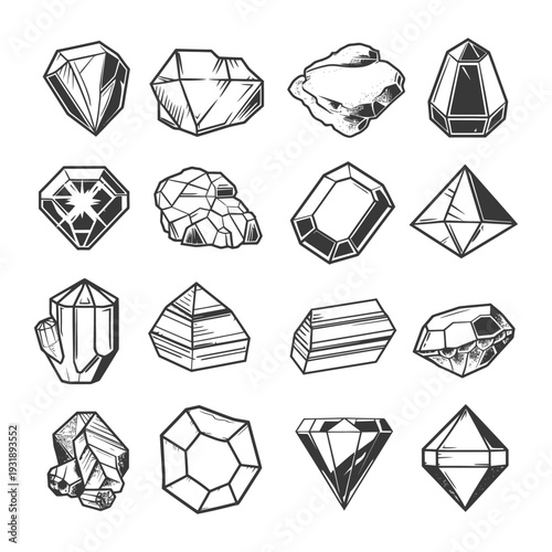 Hand-Drawn Sketches of Various Gemstones and Crystals
