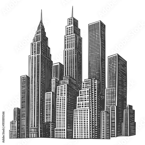 Hand-drawn sketch of a cityscape with tall skyscrapers