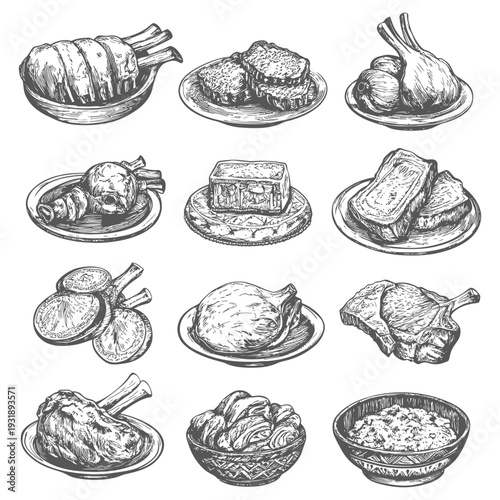 Hand-Drawn Sketches of Various Cuts of Meat on Plates and Bowls