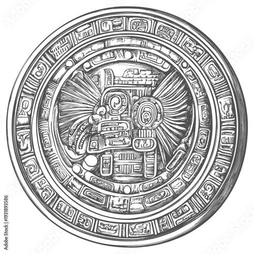 Hand-Drawn Sketch of a Circular Mayan Artifact with Intricate Glyphs and Designs