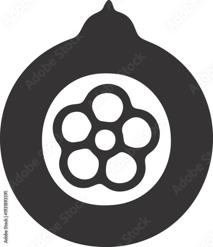 Black and white simple icon of a plum drainer or strainer with a circular hole pattern