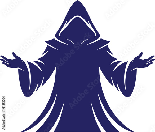 A striking black silhouette of a hooded figure with arms outstretched