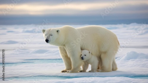 Polar Bear Mother and Cub Walking on Ice.