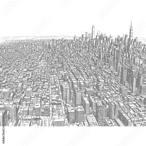 Hand-drawn sketch of a modern city skyline with numerous skyscrapers and buildings