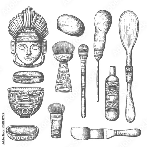 Hand-Drawn Sketch of Ancient Mesoamerican Artifacts