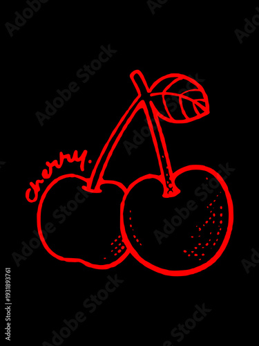 Red Cherry Fruit Line Art with Gritty Urban Street Texture.