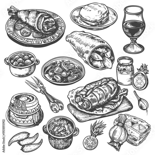 Hand-Drawn Sketch of Various Dishes and Drinks