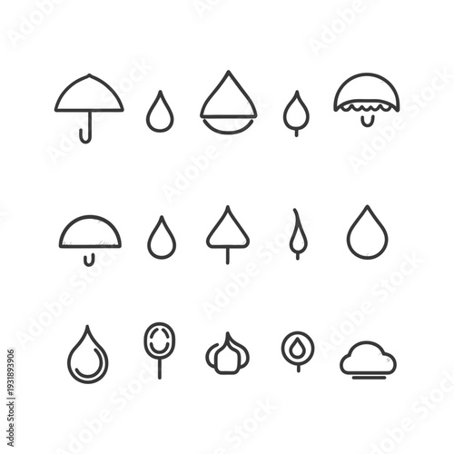 Hand-Drawn Weather Icons: Rain, Umbrella, and Cloud