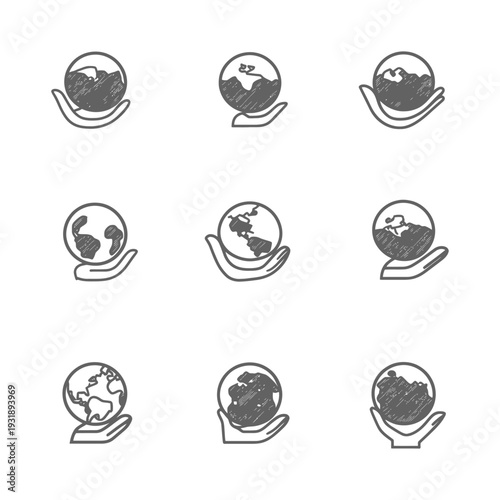 Hand Holding a Globe, a Set of 9 Hand-Drawn Icons