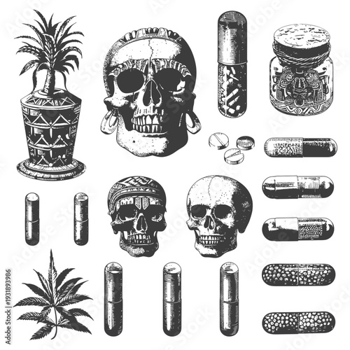 Hand Drawn Skull, Cannabis, and Pill Illustration
