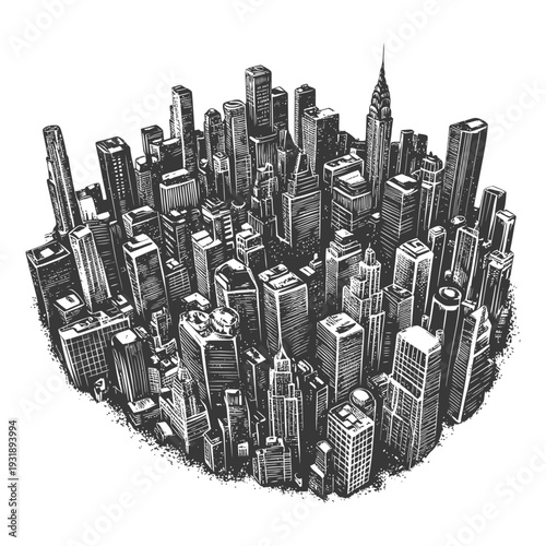 Hand-drawn woodcut illustration of an urban skyline with skyscrapers