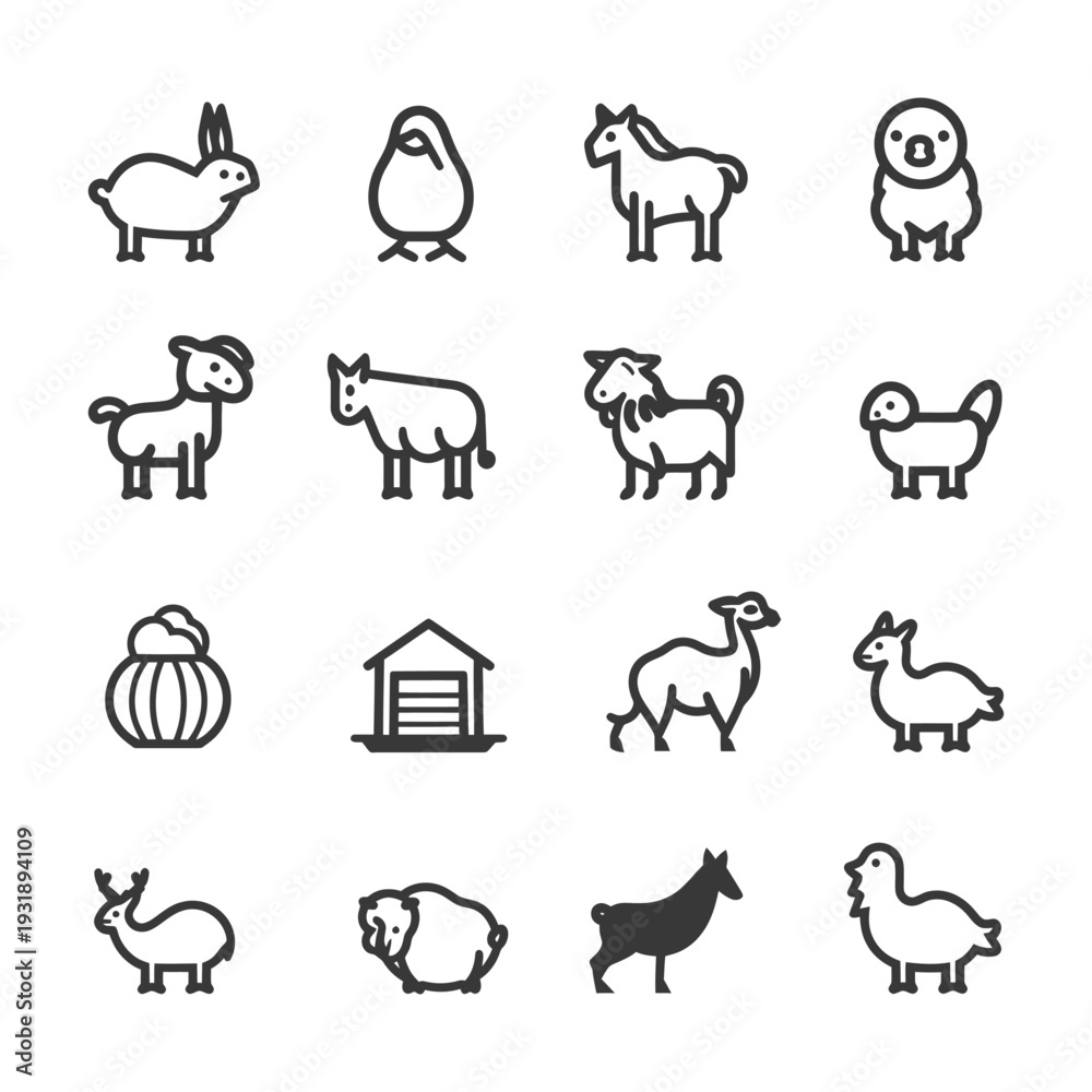 Obraz premium Line Art Illustrations of Various Farm Animals and a Barn
