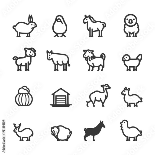 Line Art Illustrations of Various Farm Animals and a Barn