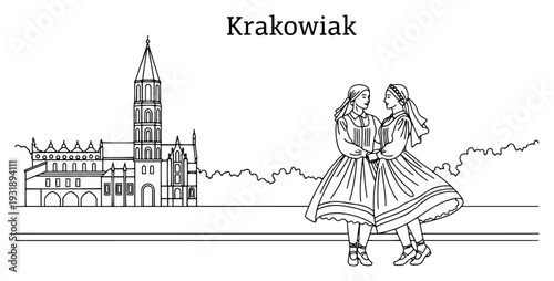 Krakowiak Polish folk dancers in traditional costume with Krakow skyline line art illustration