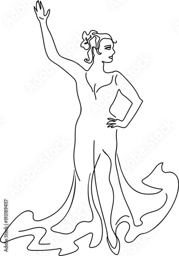 Line drawing of flamenco dancer isolated on white background.