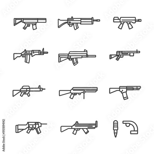 Line Art Illustrations of Various Rifles and Gun Parts