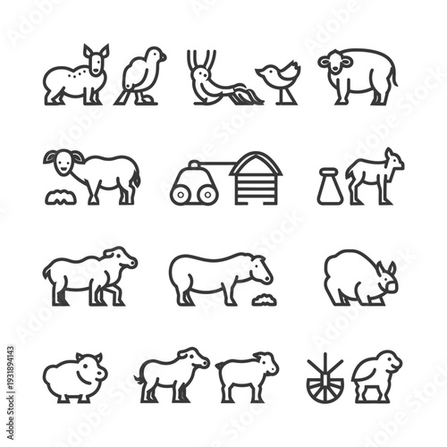 Line Art Illustrations of Various Animals and Farm Objects
